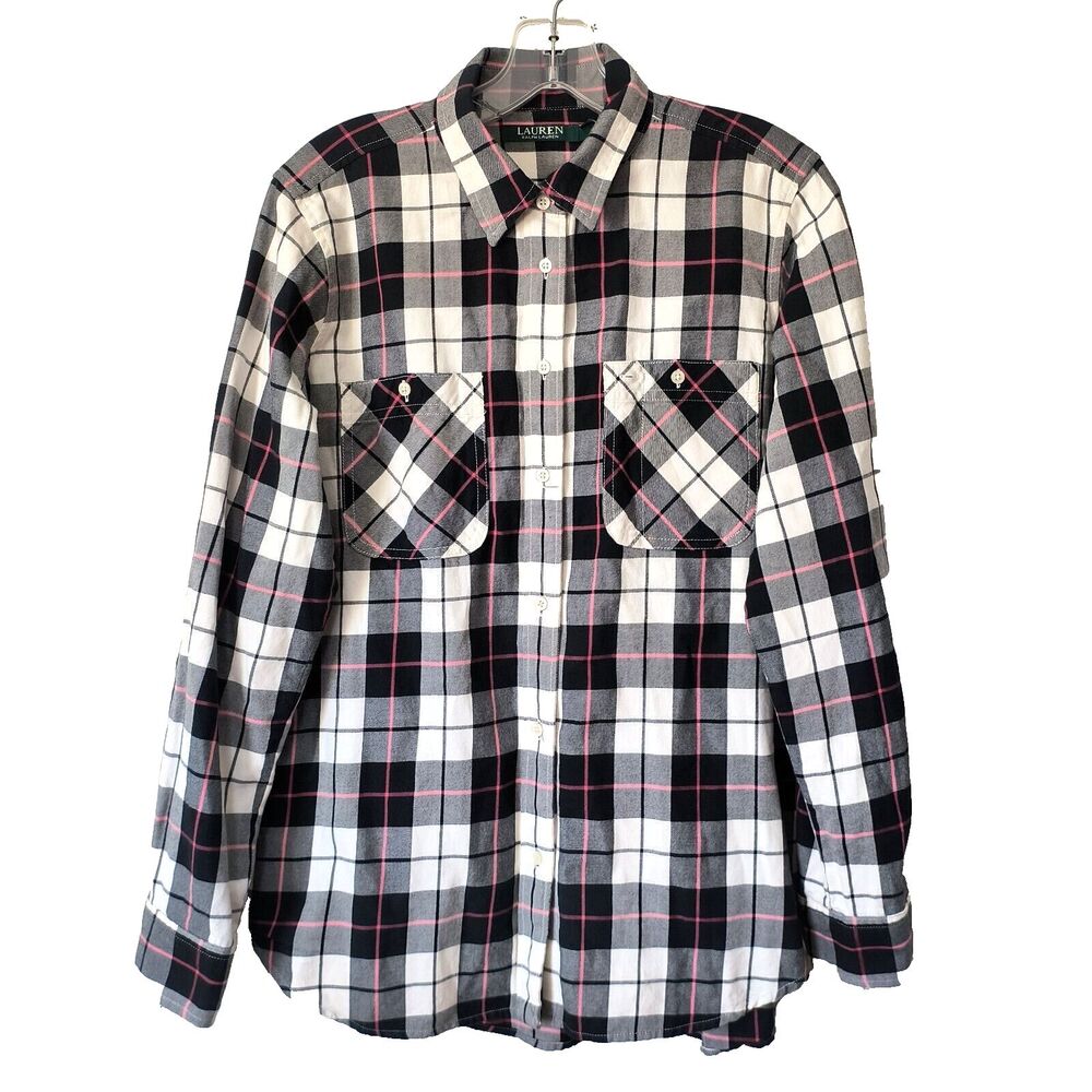 Lauren Ralph Lauren Top Womens L Plaid Button-up Flannel Roll Tab Sleeves Cozy